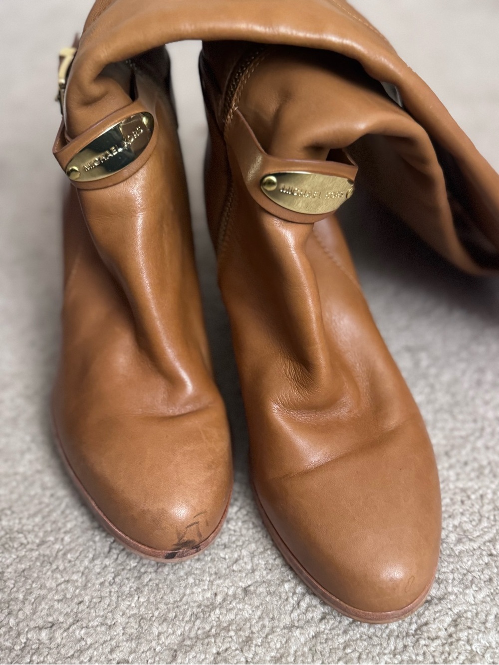 Michael Kors Cognac Leather Fold-Over Heel Boots with Gold Logo Plate
